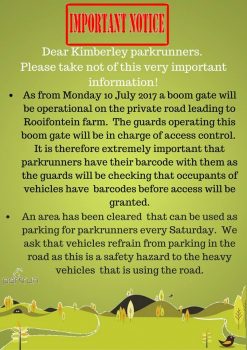 Kimberley Parkrun Boom Gate Notice